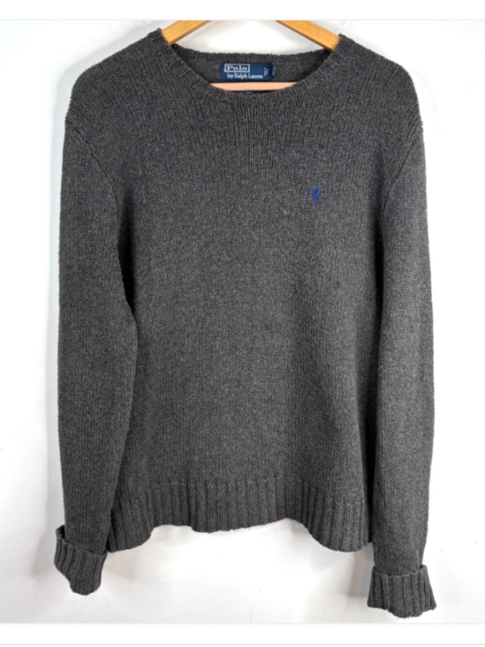 VTG Polo Ralph Lauren Cotton Linen Sweater L Ribbed Trim Crewneck Pony Old Money